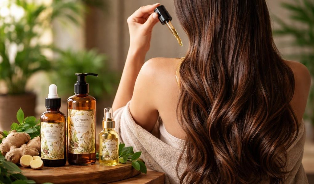 femme-cheveux-longs-huile-gingembre-flacons