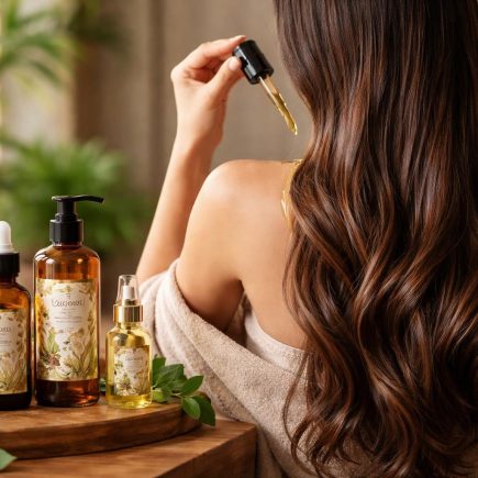 femme-cheveux-longs-huile-gingembre-flacons