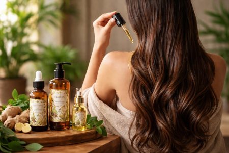 femme-cheveux-longs-huile-gingembre-flacons